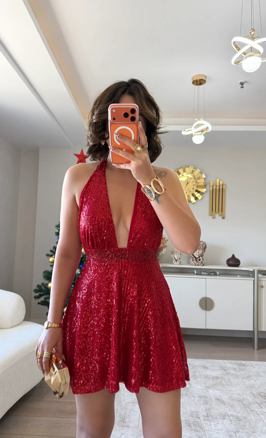 Nova Halter Yaka Payet Elbise  - KIRMIZI