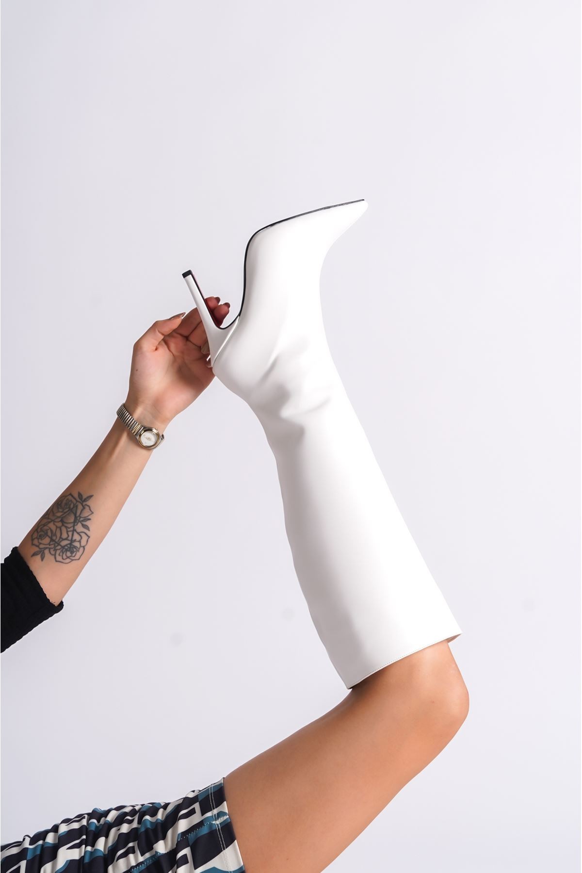 Beyaz Tasarım Kadın Çizme Yüksek Topuklu Ayakkabı Limbo