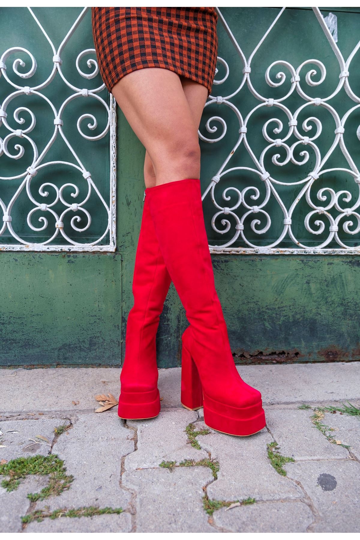 Kırmızı Tasarım Çift Platform Kadın Ayakkabı Penny