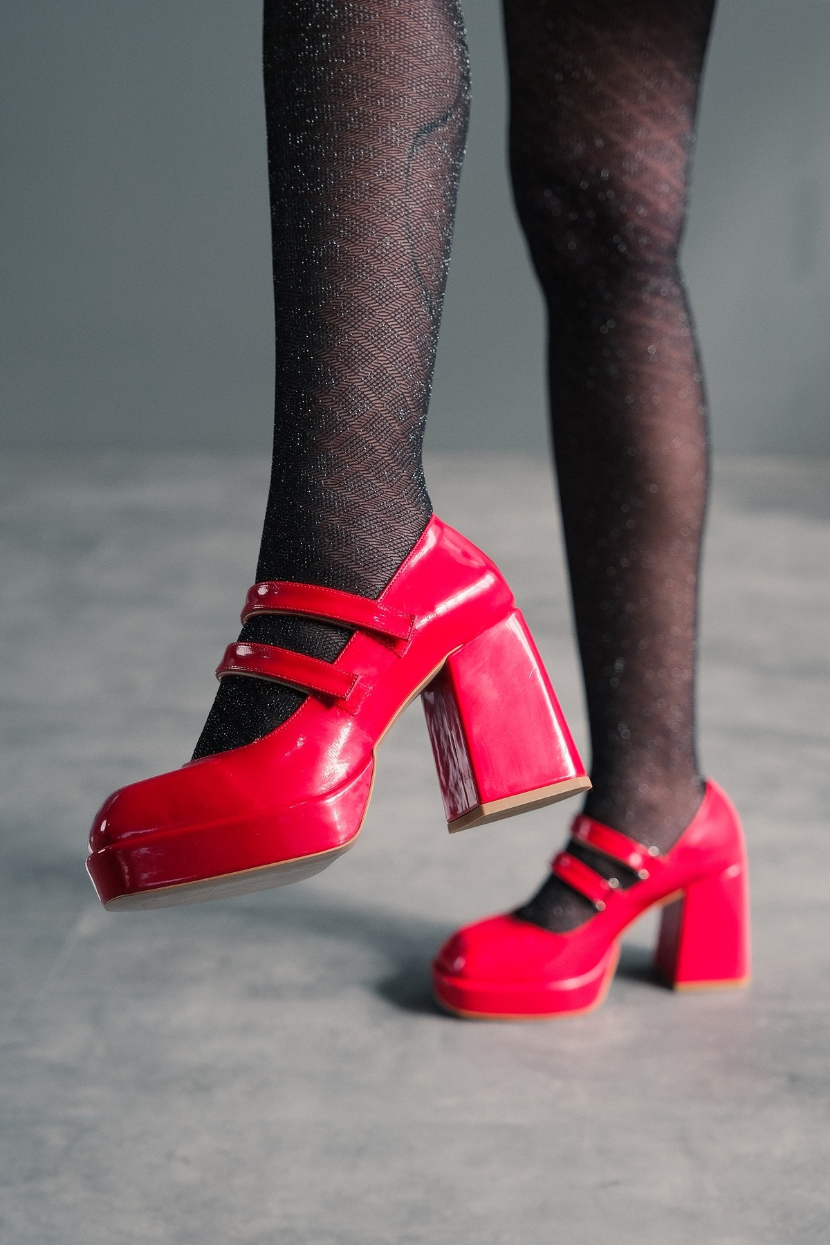 Kırmızı Rugan Çift Cırtlı Kadın Platform Topuklu Ayakkabı Girona