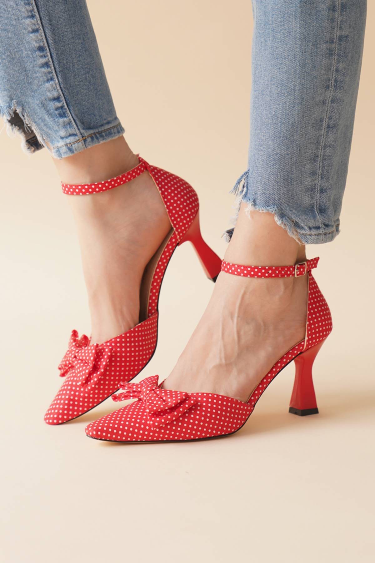 Kırmızı Puantiye Kadın Topuklu Ayakkabı Pitirella