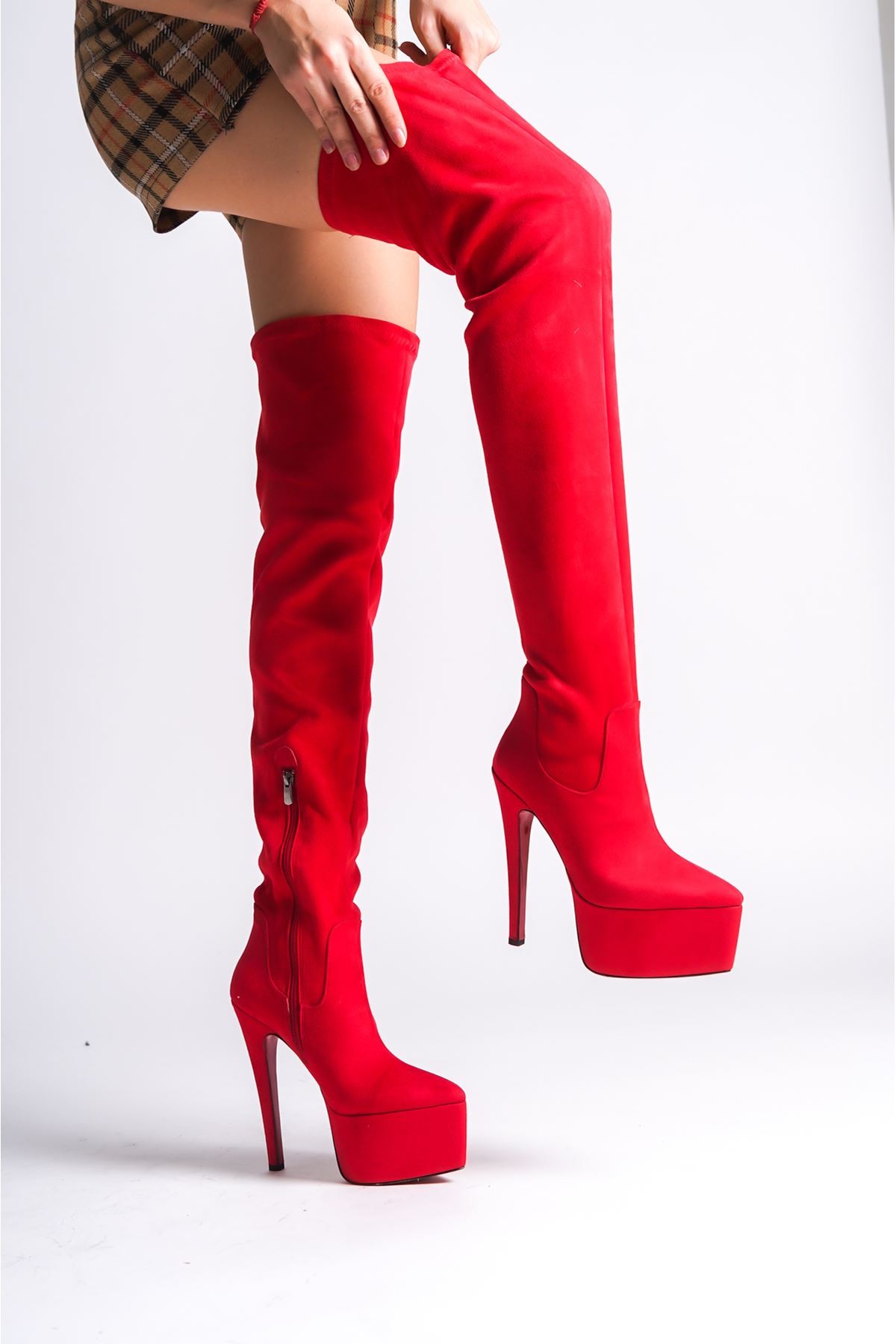 Kırmızı Süet Platform Özel Tasarım Topuklu Kadın Çizme Isabella