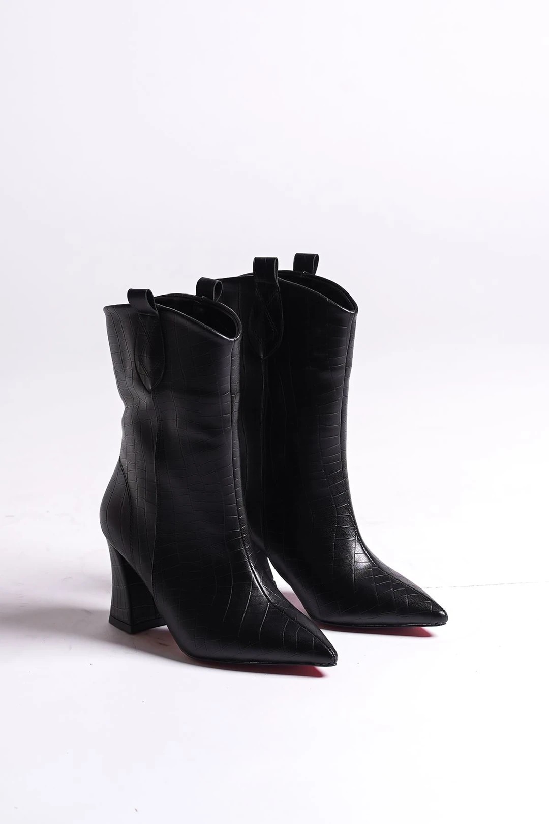 Siyah Krokodil Tasarım Kadın Bot Alçak Topuklu Ayakkabı Berry