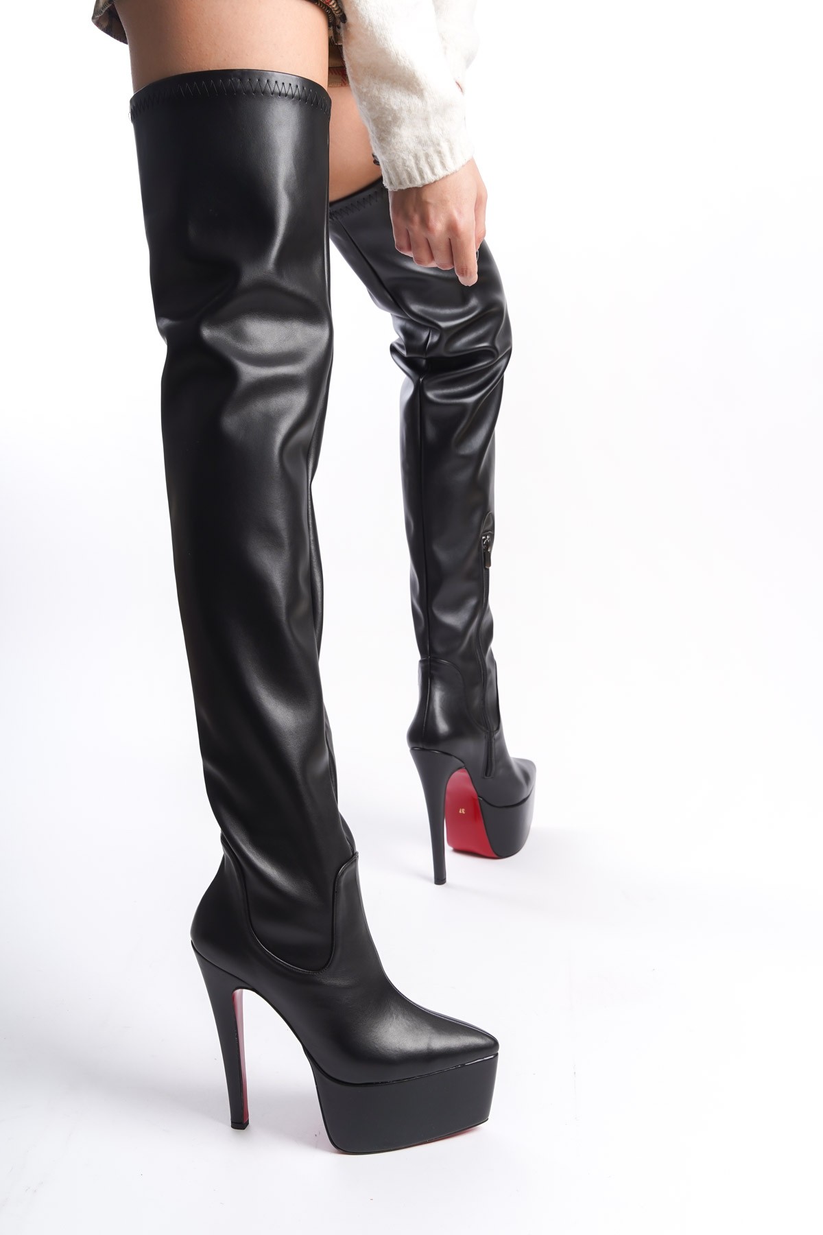 Siyah Cilt Platform Özel Tasarım Topuklu Kadın Çizme Isabella