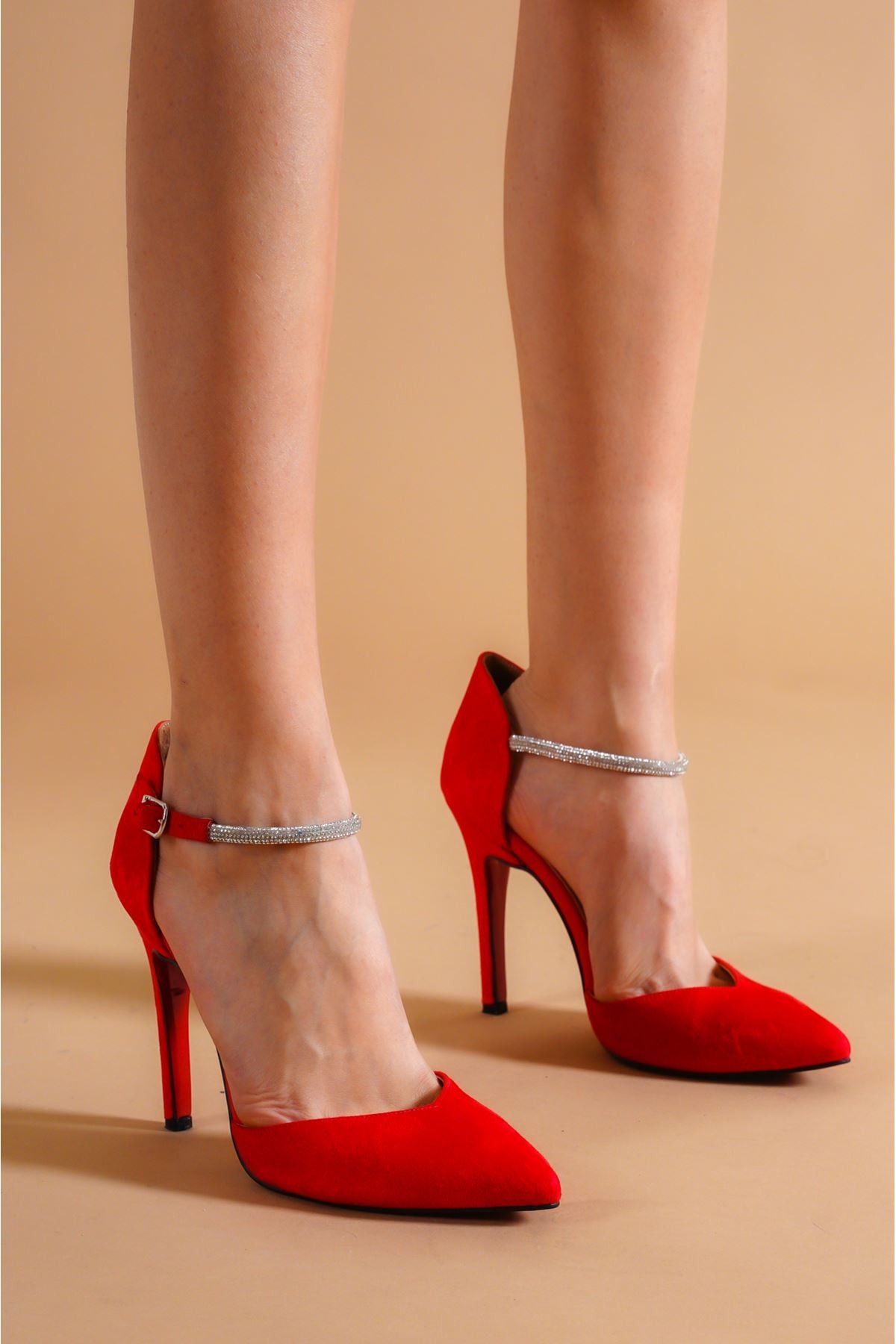 Kırmızı Sierra Taş Detaylı Kadın Topuklu Ayakkabı Stiletto