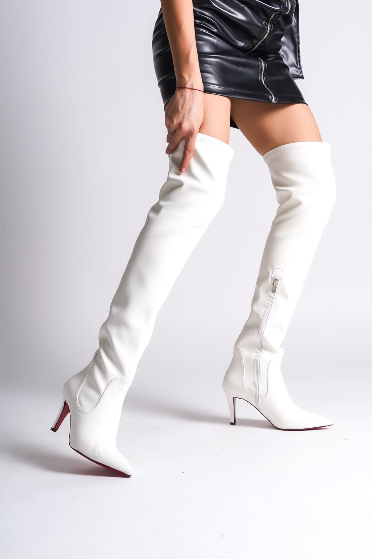 Beyaz Tasarım Kadın Çizme Yüksek Topuklu Ayakkabı Borns