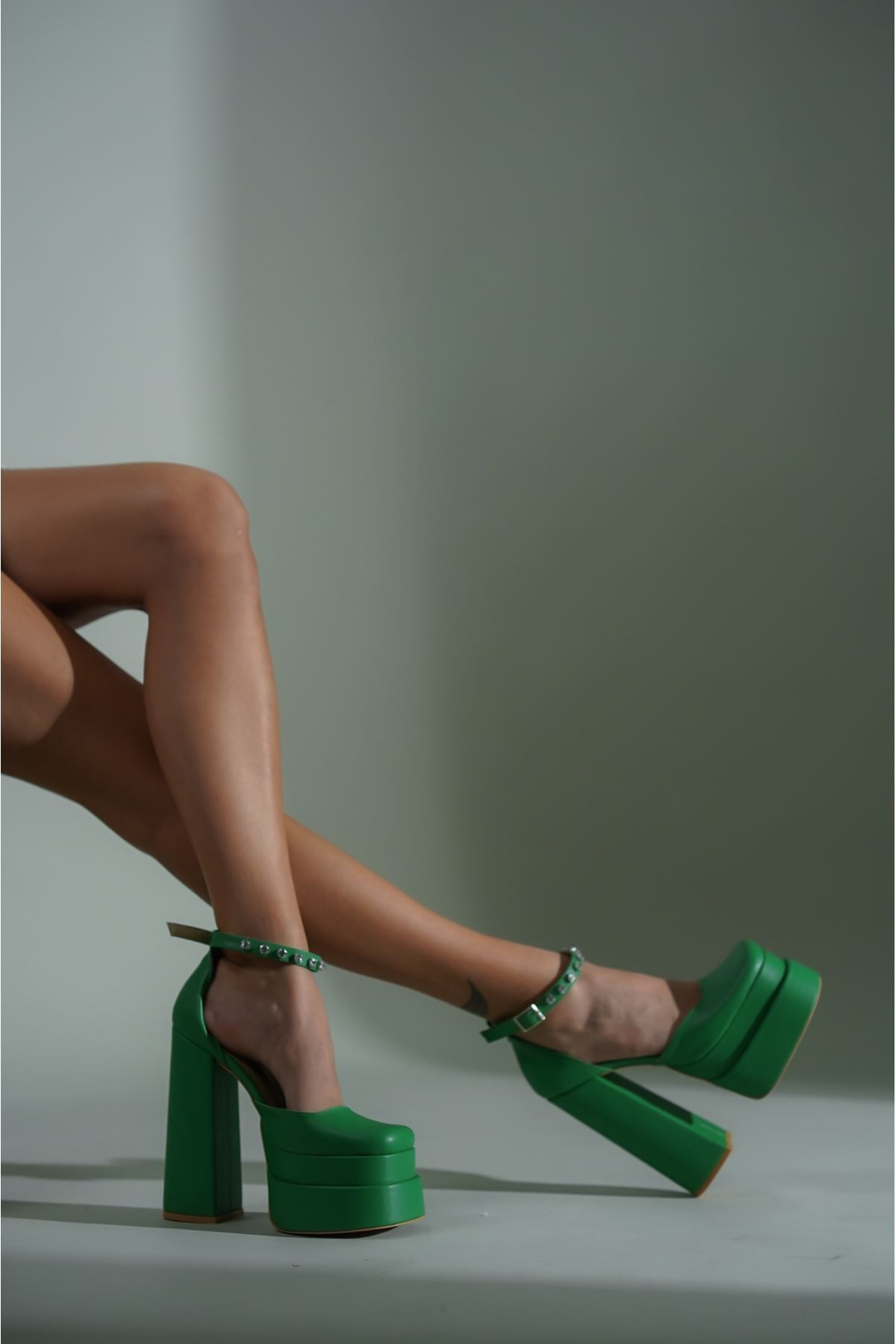 Yeşil Çift Platform Tasarım Kadın Ayakkabı Figoc