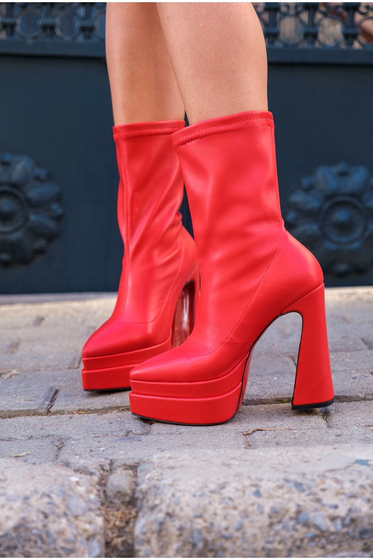 Kırmızı Çift Platform Özel Tasarım Kadın Ayakkabı Spica