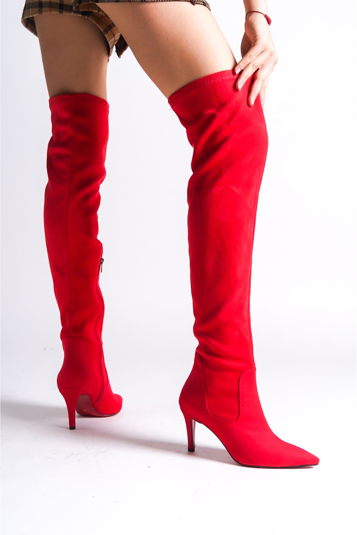 Kırmızı Süet Tasarım Kadın Çizme Yüksek Topuklu Ayakkabı Borns