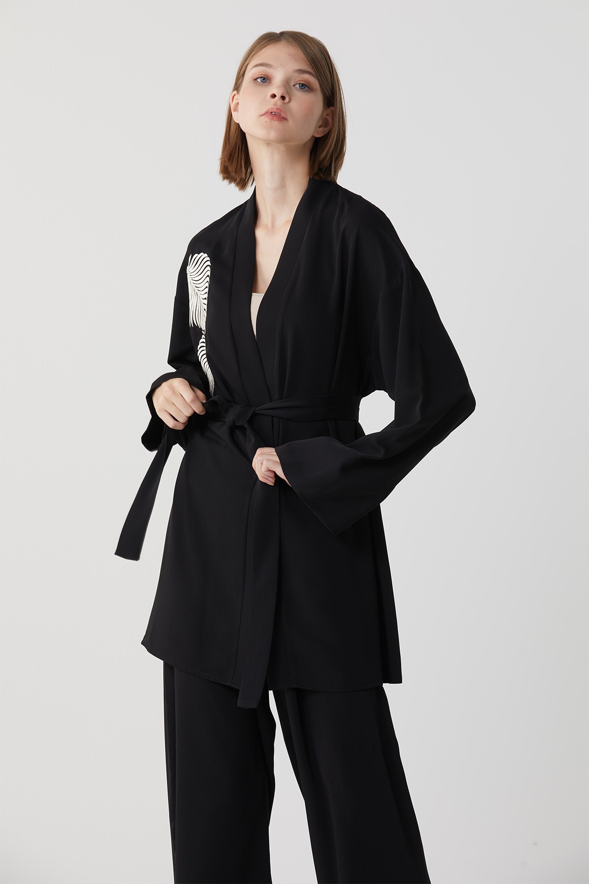 Nakışlı Kimono Takım Siyah-Krem