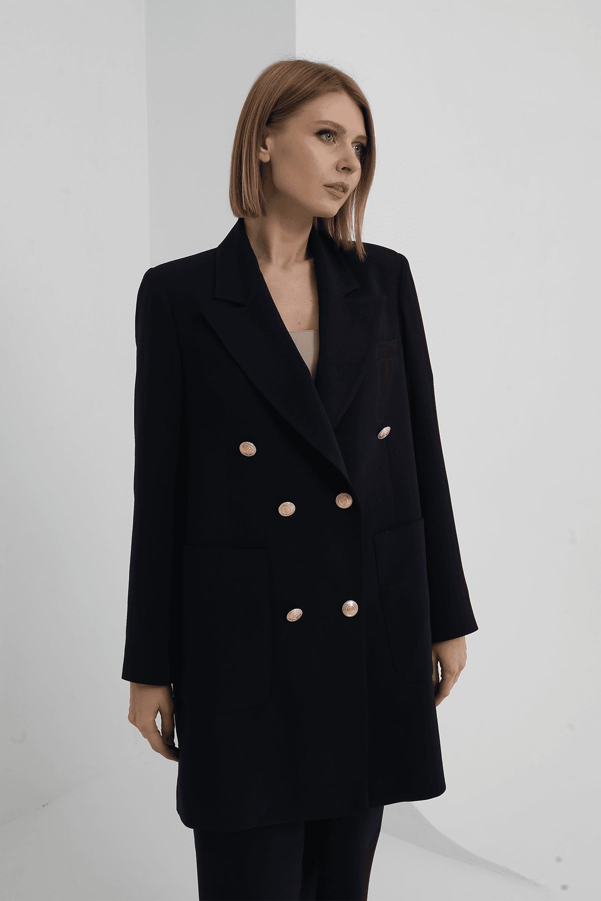 Kruvaze Blazer Takım Siyah
