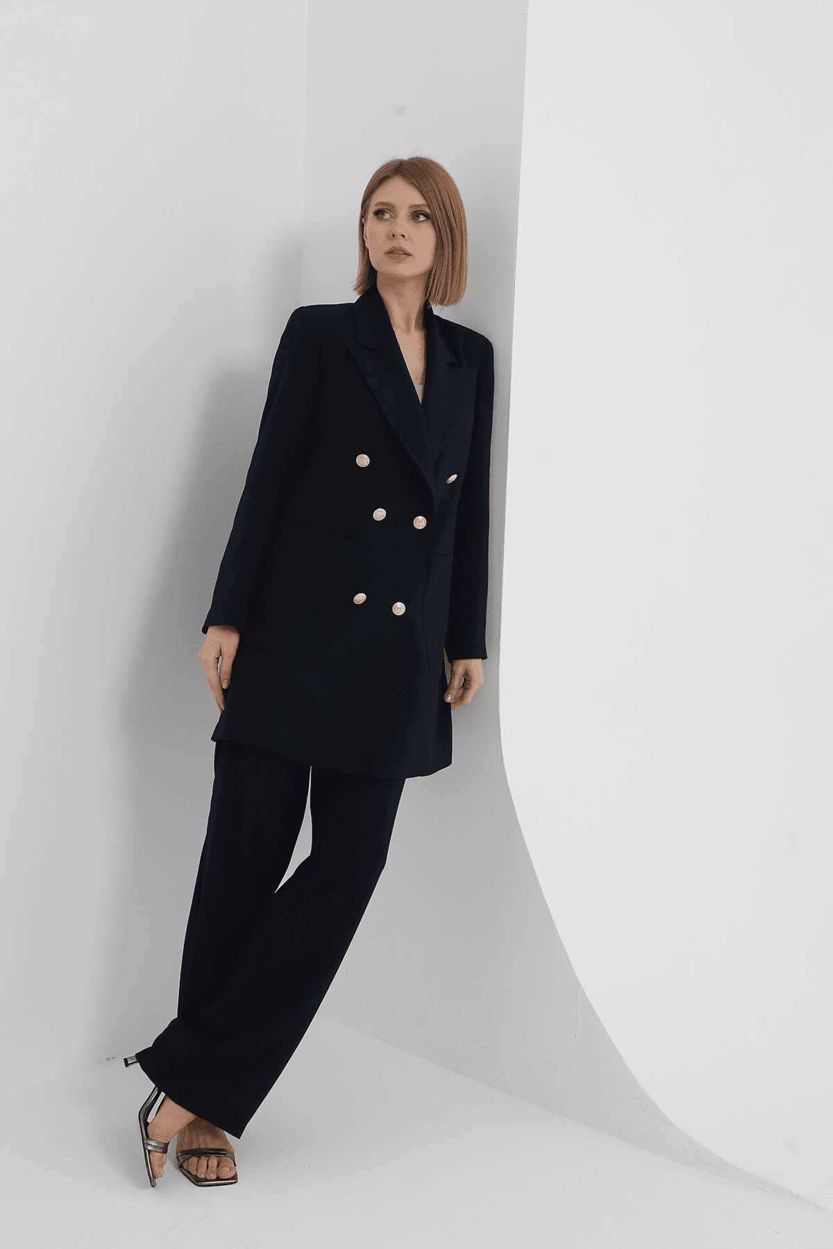 Kruvaze Blazer Takım Siyah