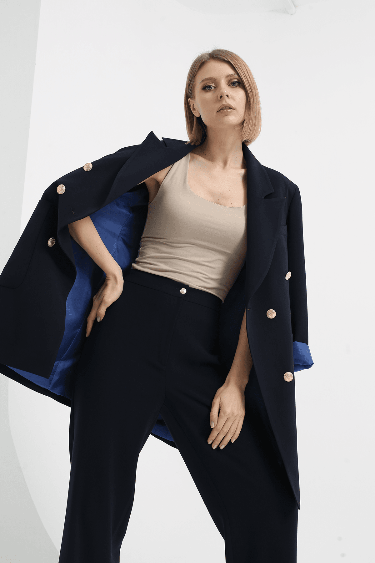 Kruvaze Blazer Takım Lacivert