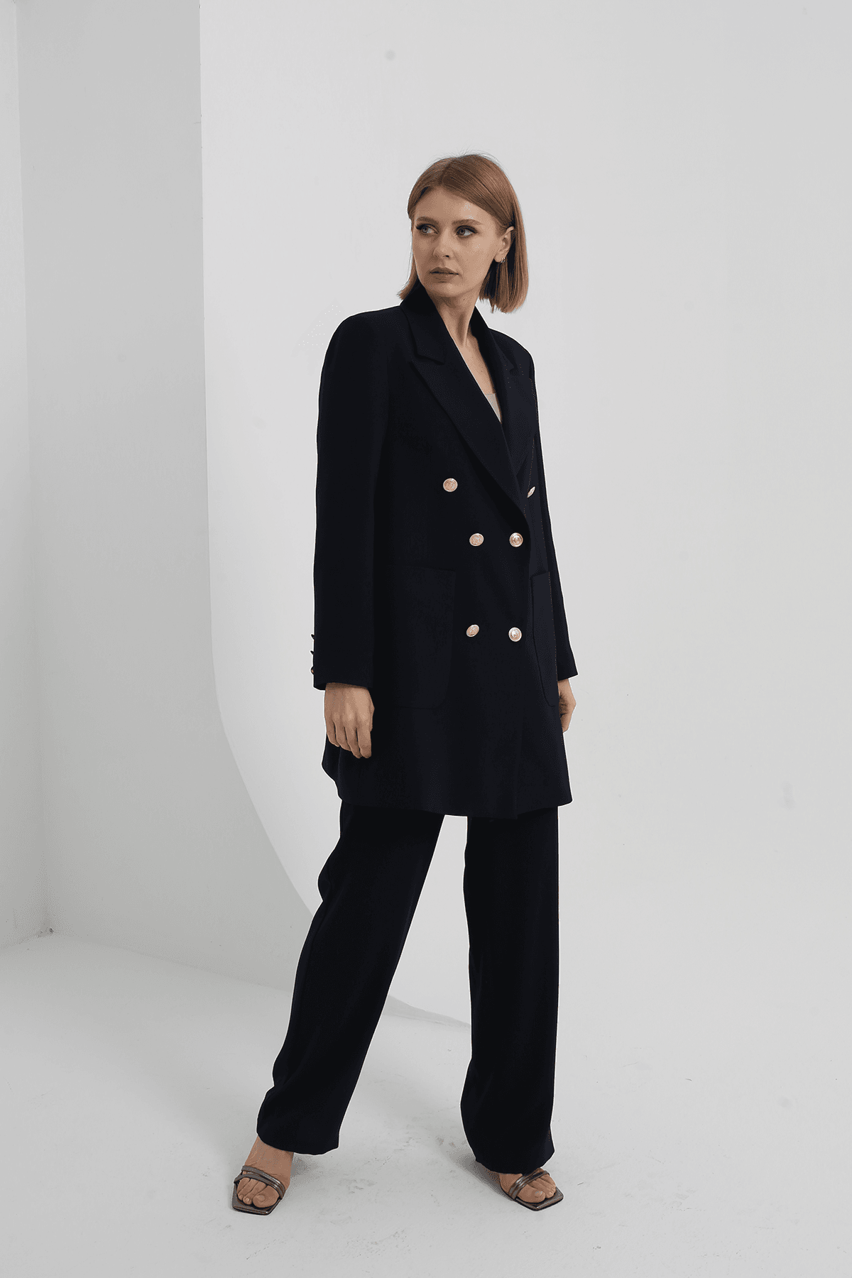 Kruvaze Blazer Takım Siyah