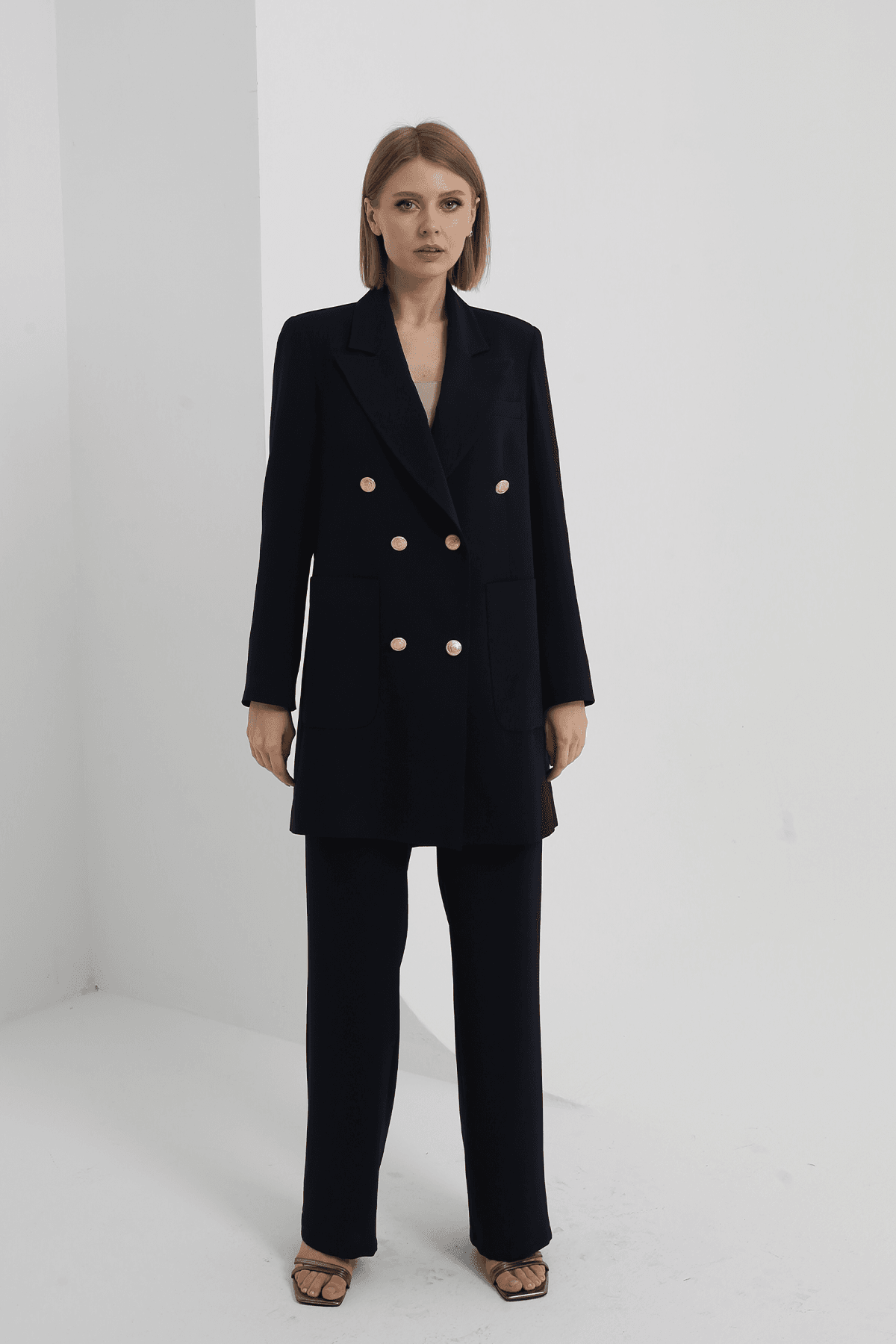 Kruvaze Blazer Takım Siyah