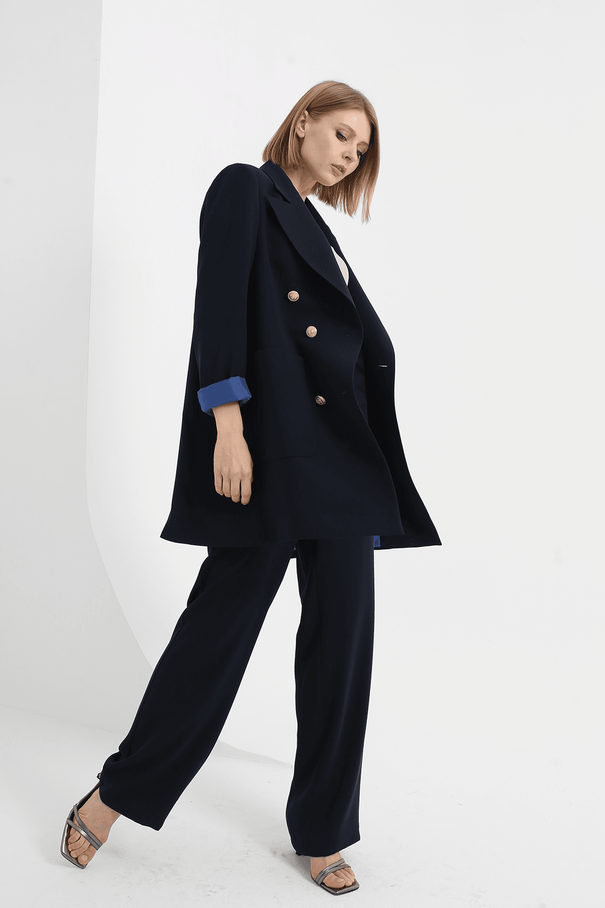 Kruvaze Blazer Takım Lacivert