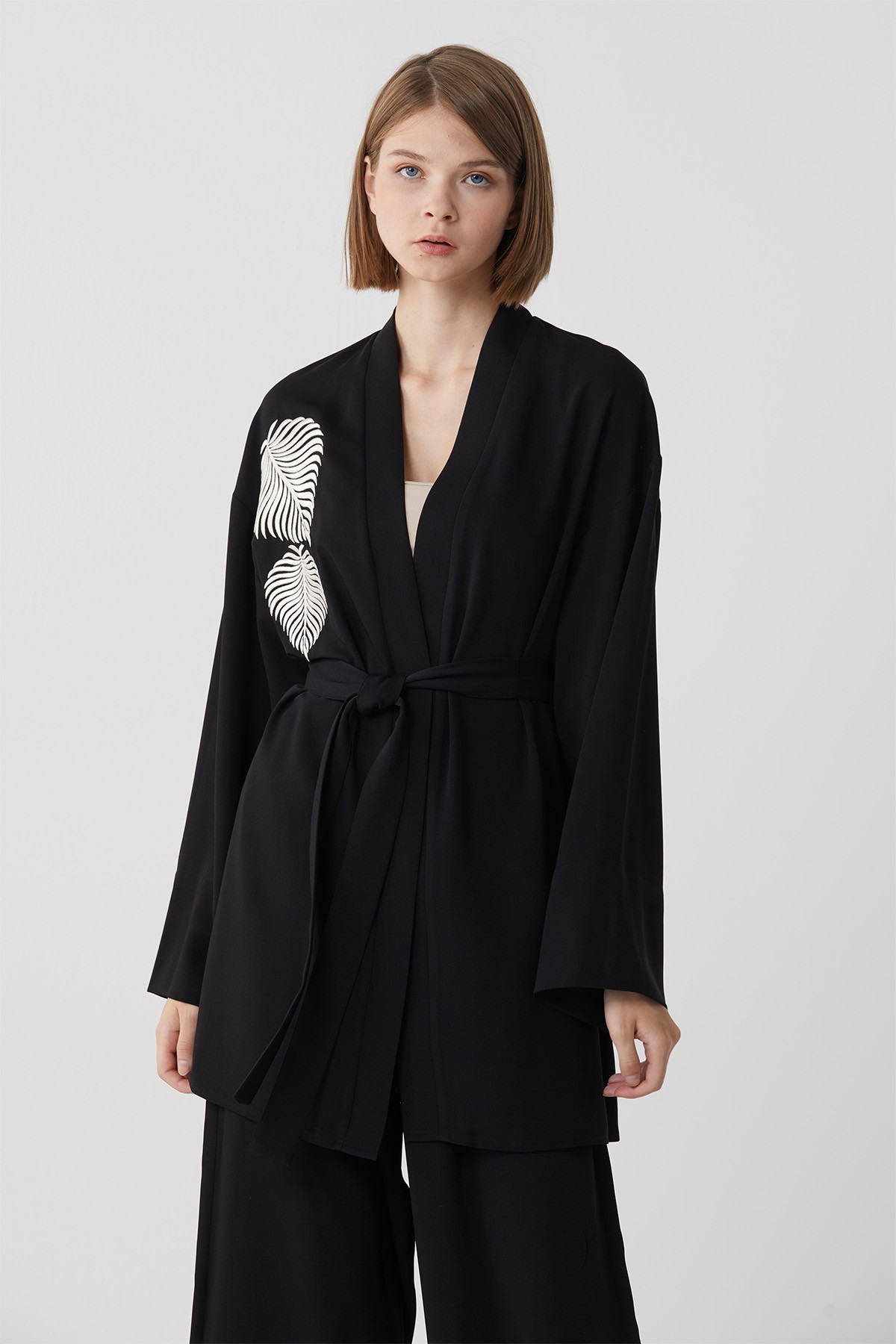 Nakışlı Kimono Takım Siyah-Krem