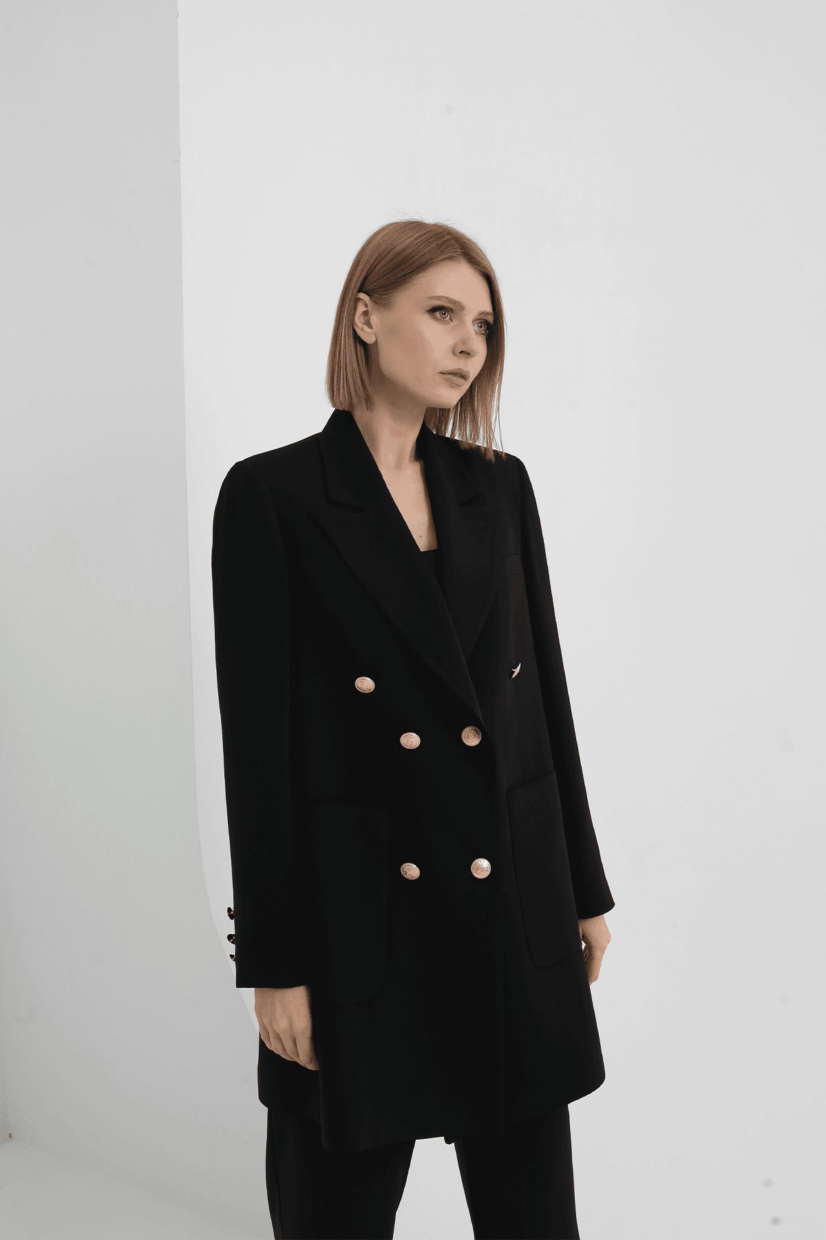 Kruvaze Blazer Takım Siyah