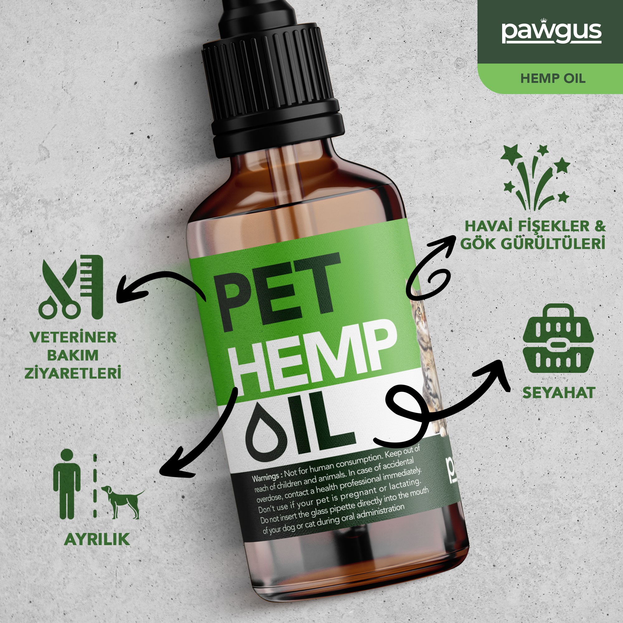 Pawgus Kenevir Yağ Kedi Köpek Sakinleştirici - Stress, Hiperaktivte, Artrit, Nöbet, Iştah, Uyku Takviyesi