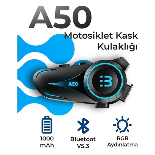 A50 Motosiklet Kask Kulaklık Intercom Işıklı Bluetooth V5.3 2800mAH