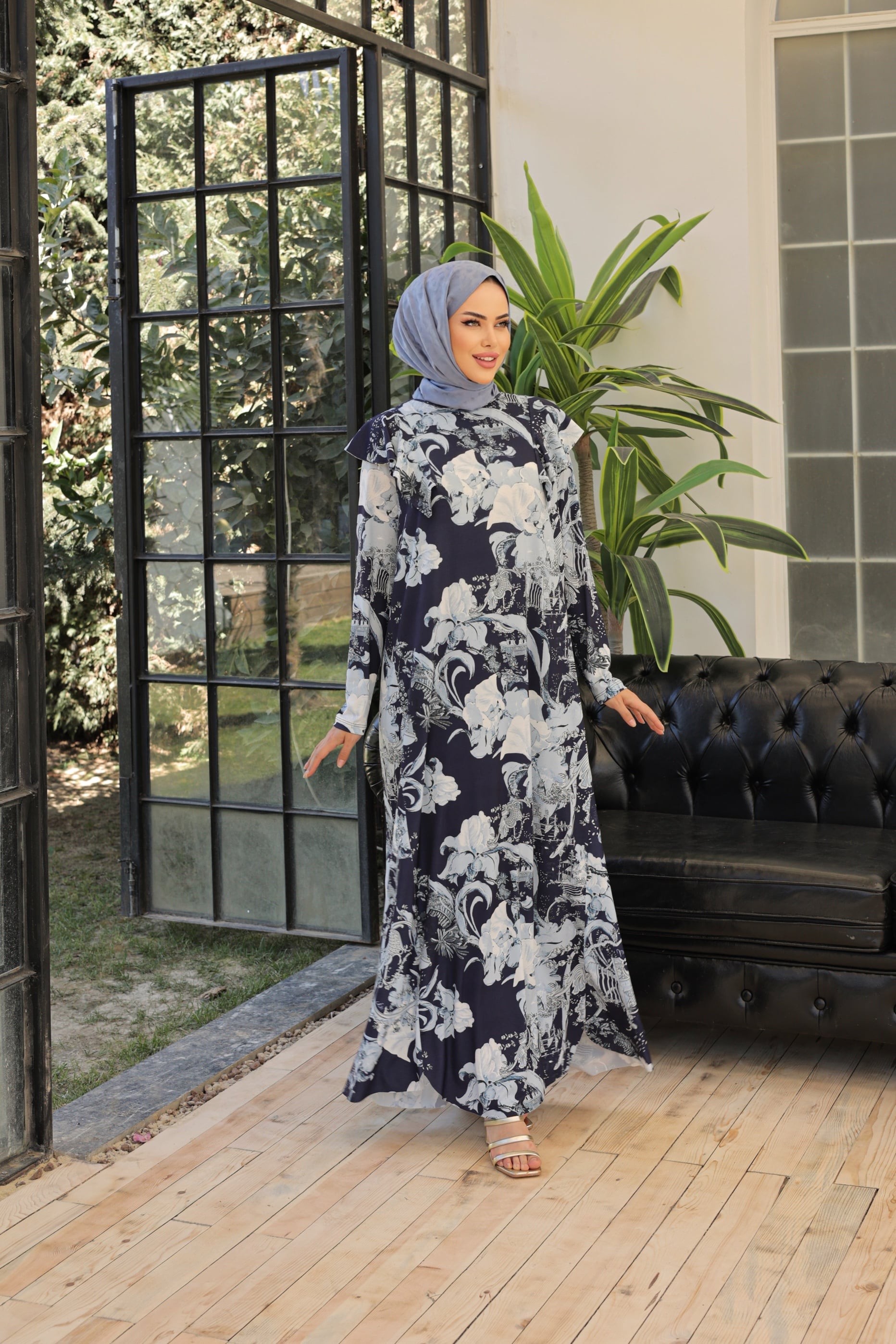 Jarse Japanese Summer Desenli Omuzları Volanlı Elbise