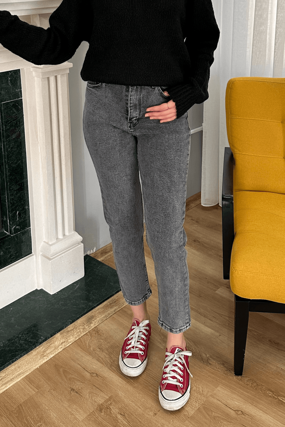 Gri Likralı Mom Jean