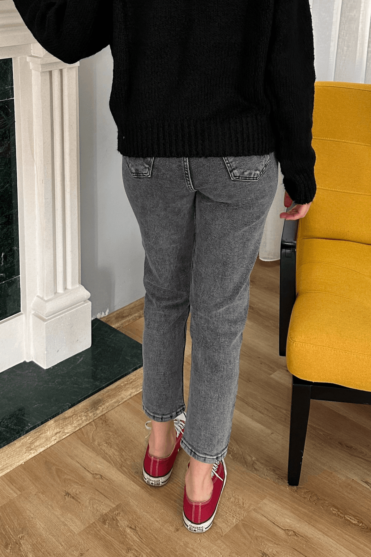 Gri Likralı Mom Jean