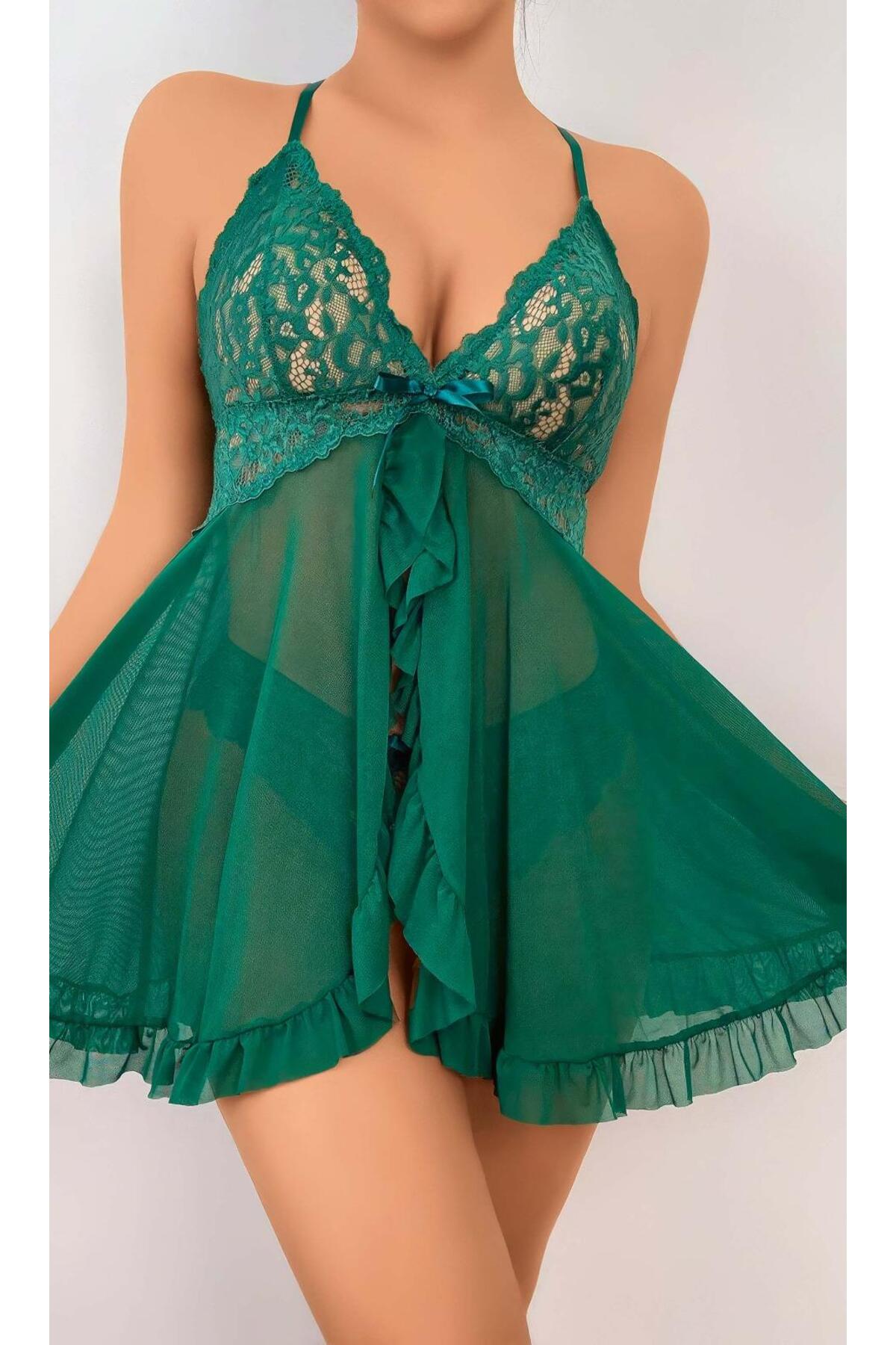 Kadın Yeşil Fantezi Gecelik Tül Önü Açık Fırfırlı Fiyok Detaylı 2114