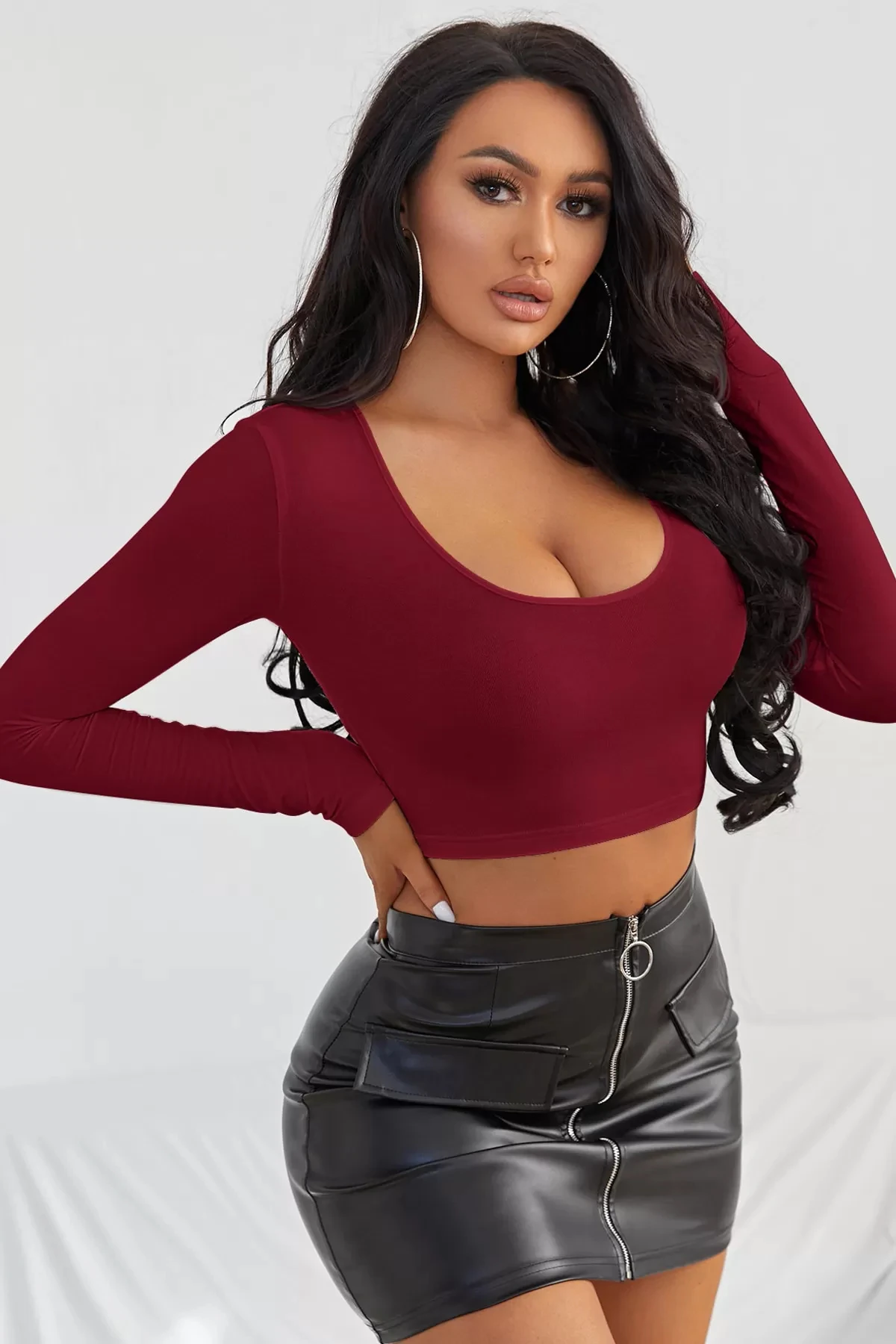 Kadın Bordo Uzun Kol Crop Top Bluz Kare Yaka