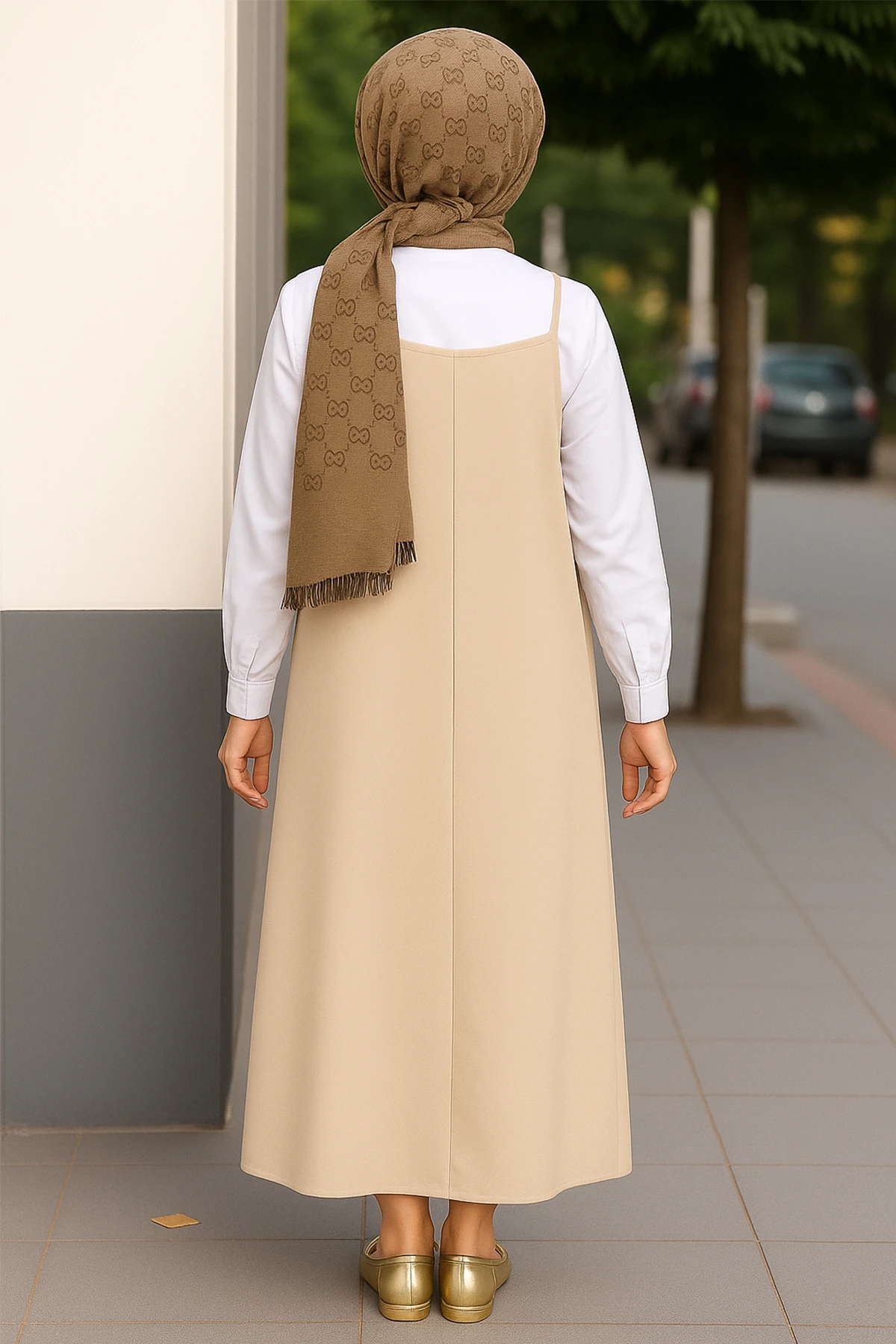 Kadın Taş Rengi Basic Ayarlanabilir Askılı Jile Elbise