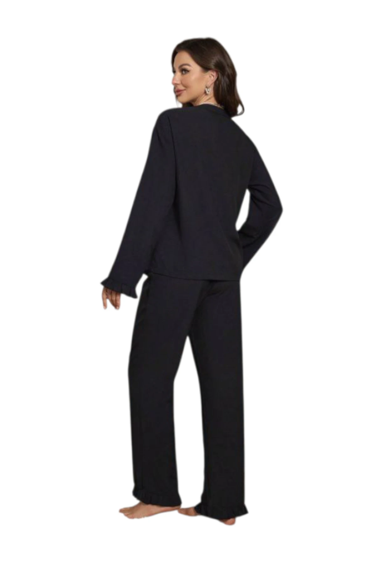 Kadın Önden Bağlamalı Kolu ve Paçası Fırfır Detaylı Uzun Kollu Pijama Takımı