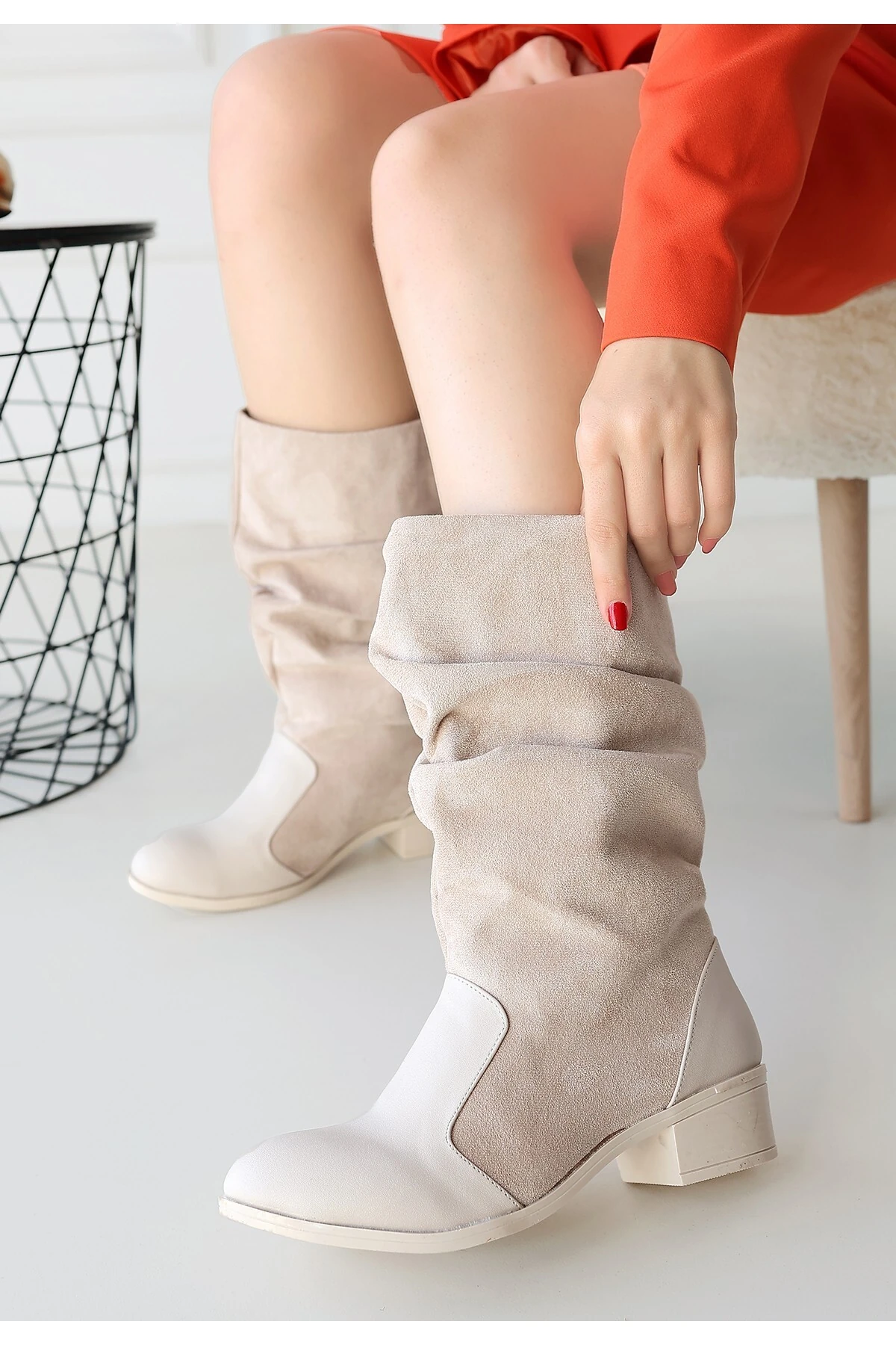 eyesof Jolin Bej Cilt Süet Detaylı Çizme