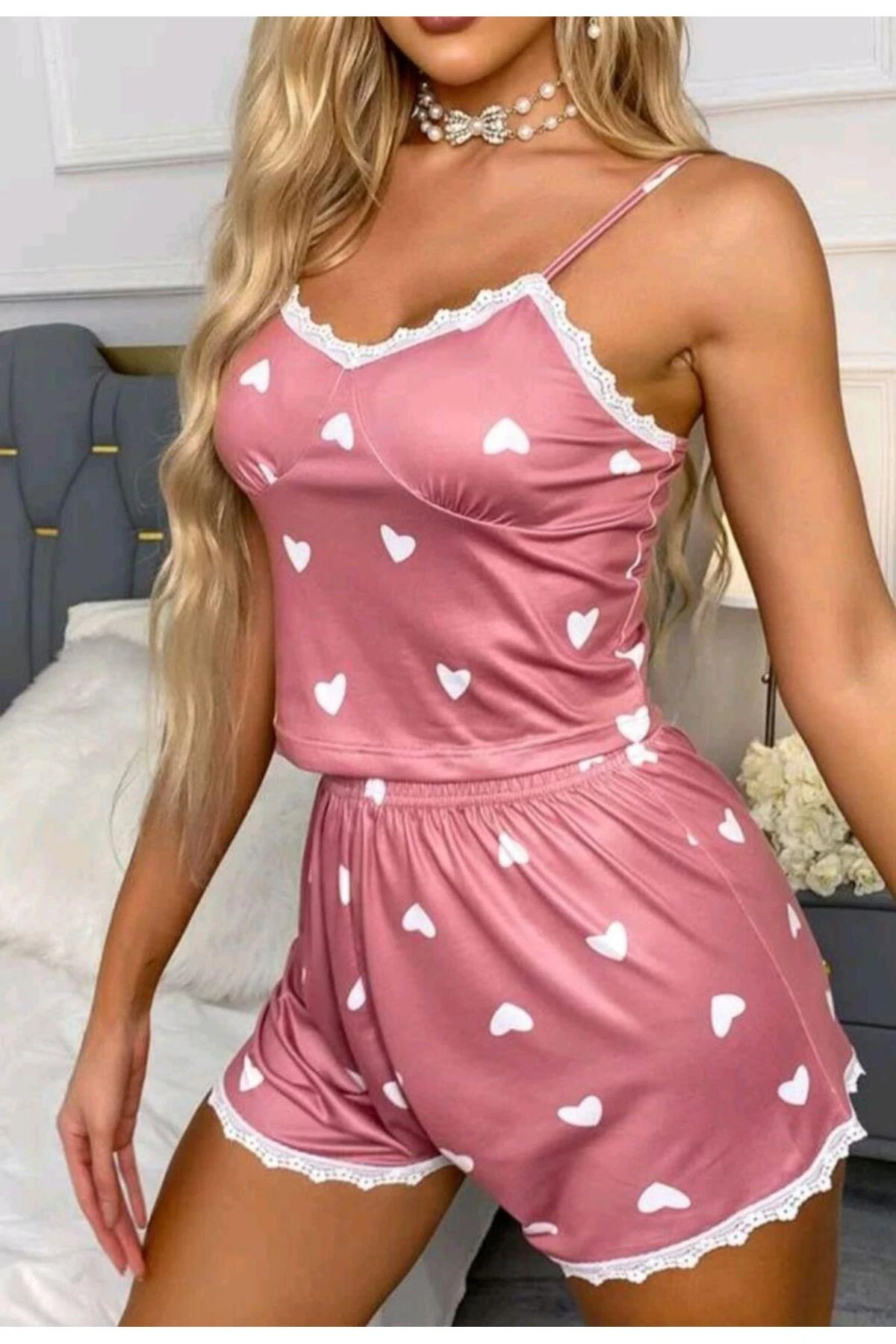 Kadın Pudra Kalp Desenli  Gecelik Takım 5019