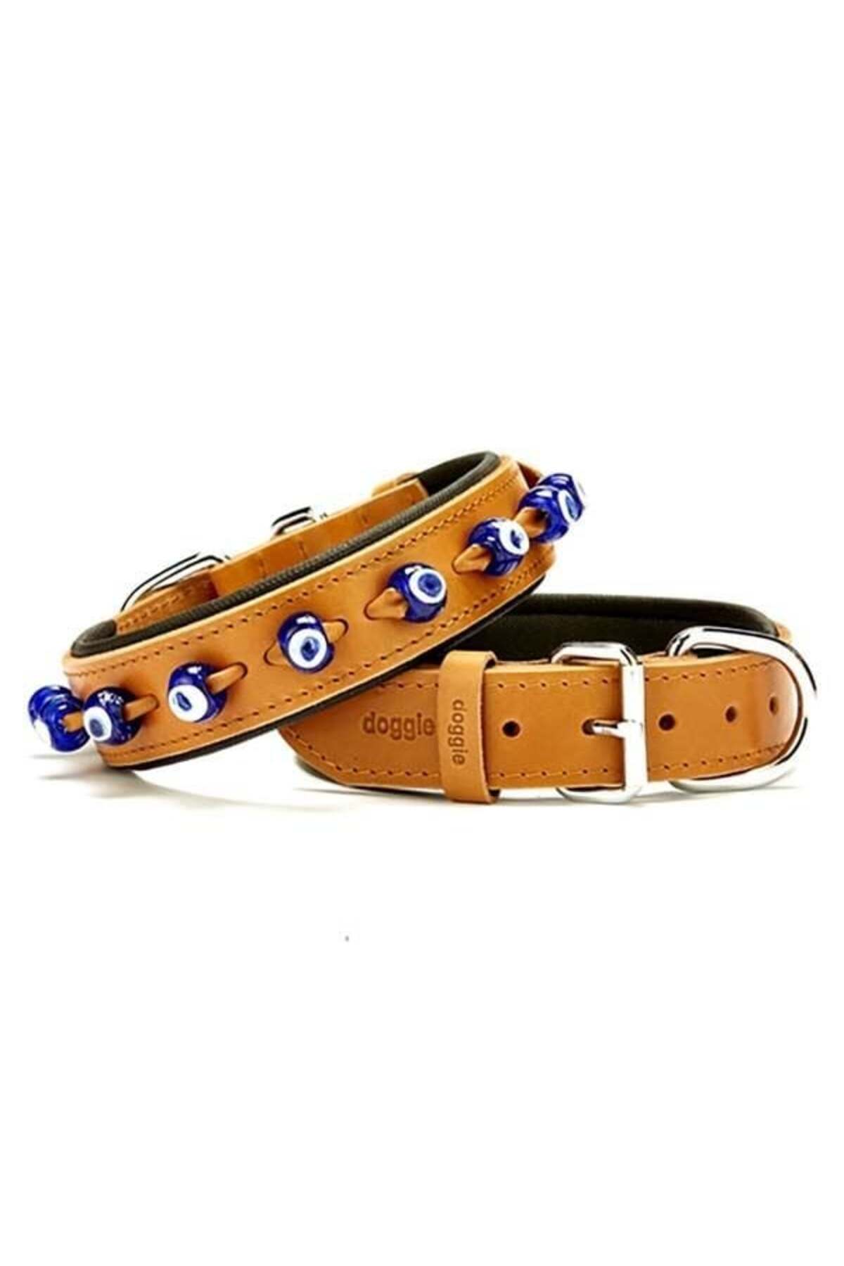 Doggie Comfort Deri Nazar Boncuklu Köpek Boyun Tasması Medium Camel 3.5x47-55 Cm