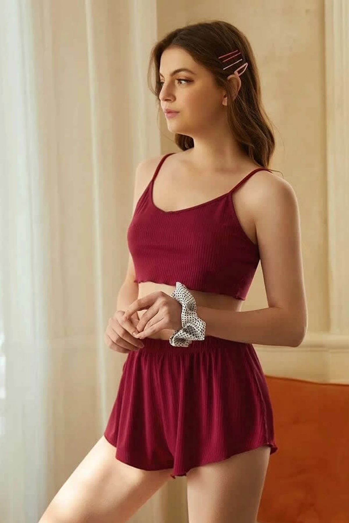 Kadın Bordo Şortlu Kaşkorse Gecelik Takım