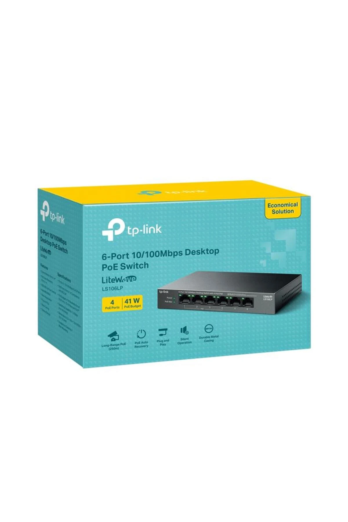 TP-LINK LS106LP 4 PORT 10/100 + 2 PORT RJ45 UPLINK 41W 250 METRE POE MESAFE METAL KASA SWITCH