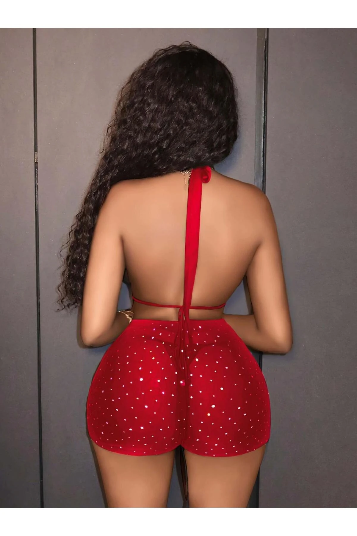 Way Moda Kırmızı Parlak Dekolteli Fantezi Clup elbisesi 6674