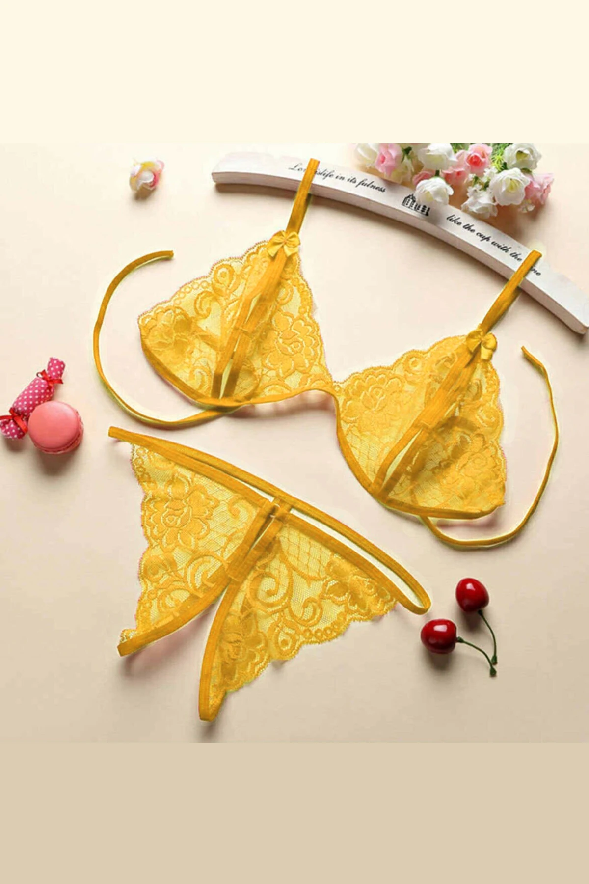 Kadın Sarı Dantelli Sütyen Külot Takımı – Modern, Konforlu Ve Günlük Kombinlere Uygun