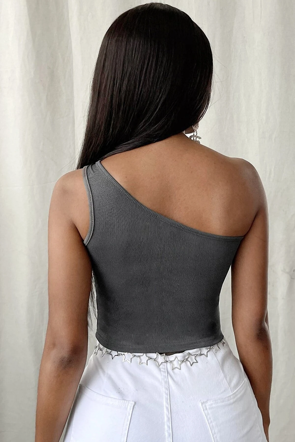 Kadın Koyu Gri Tek Omuz Crop Büstiyer