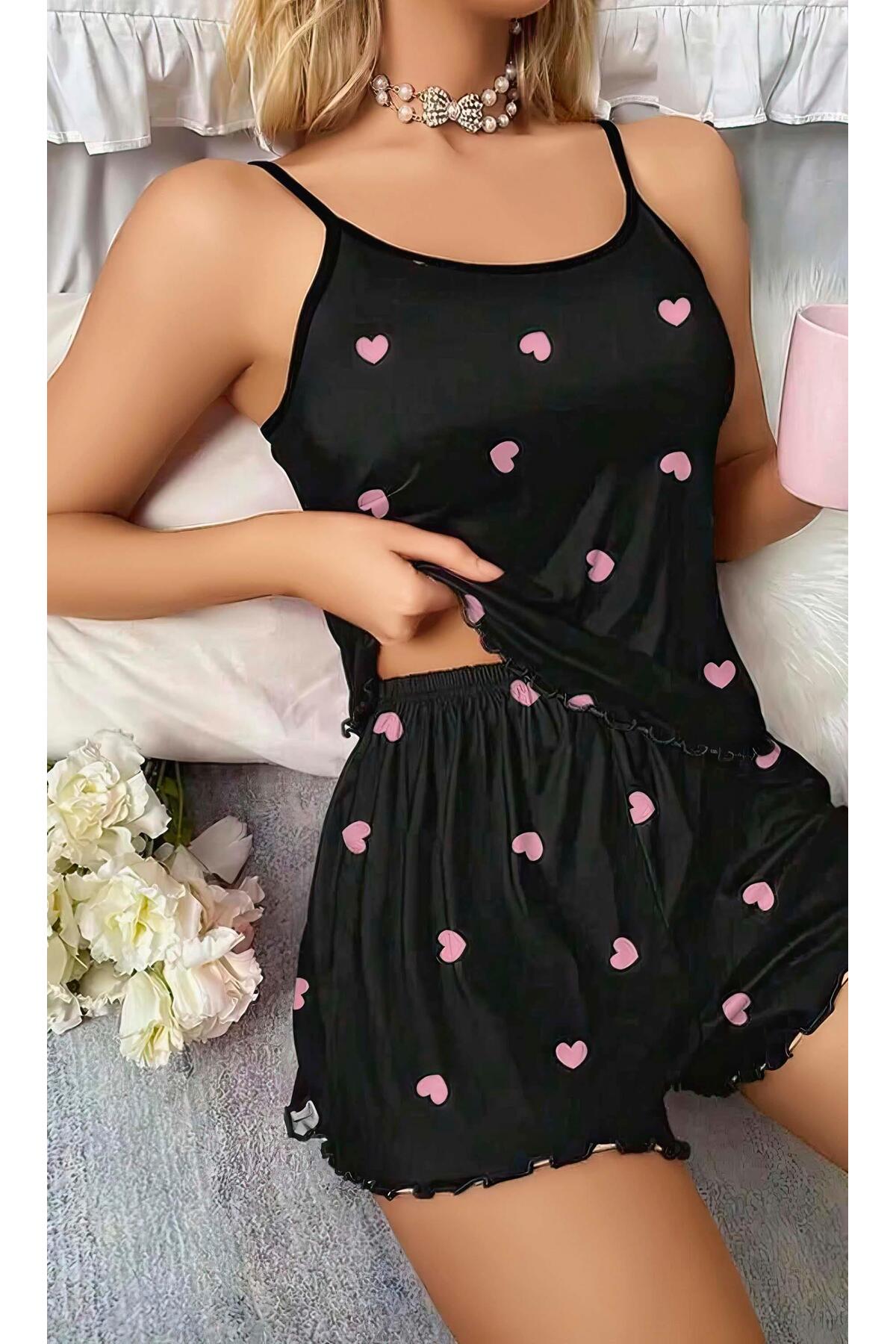 eyesof Kadın Siyah Kalp Desenli Askılı Şortlu Gecelik Takım 5018