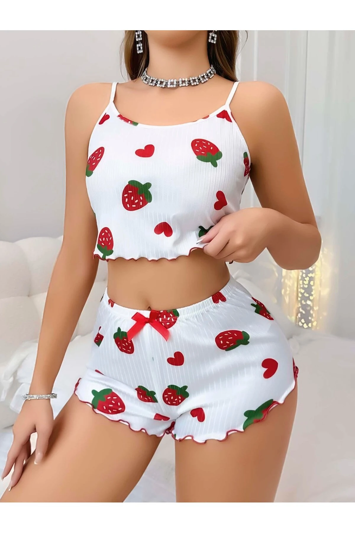 Mulvxbrf Brf02 Kadın Beyaz Çilek Desenli Şortlu Pijama Takımı 5053 (Mulvix)