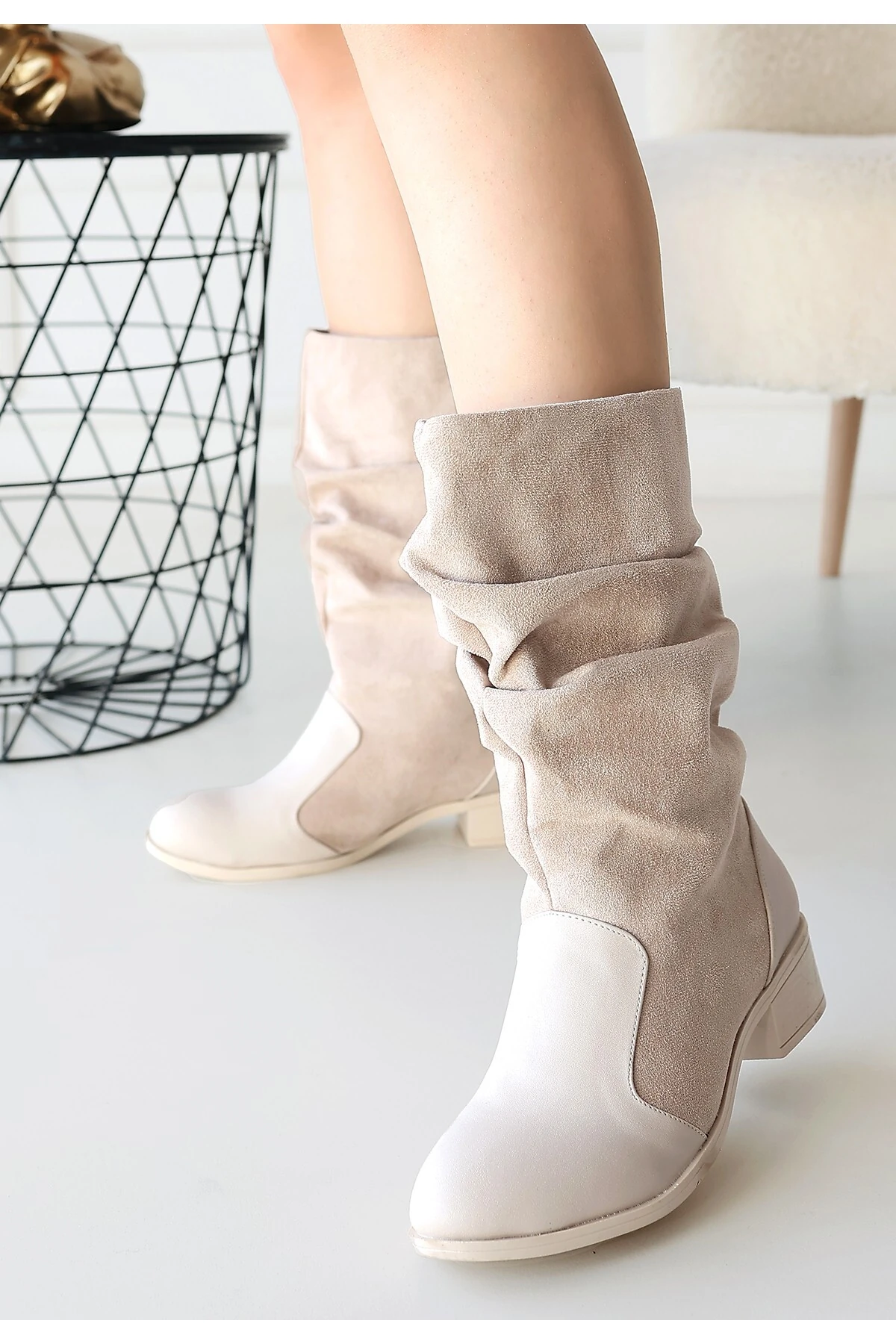 eyesof Jolin Bej Cilt Süet Detaylı Çizme