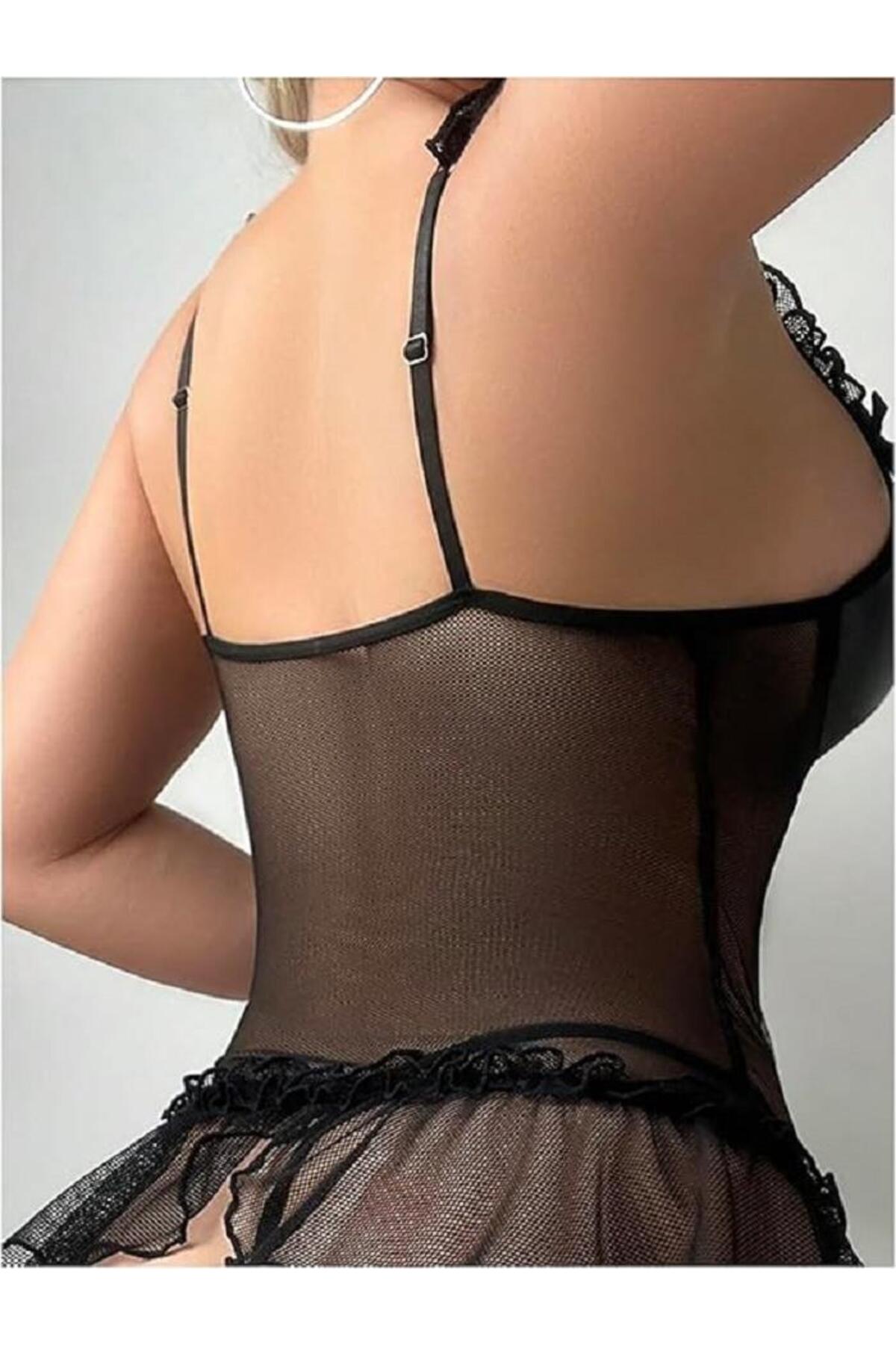 eyesof Kadın Çoraplı Lame Deri Fantezi Kostüm Elbise Seksi Gece Fantezi Kostüm 9002