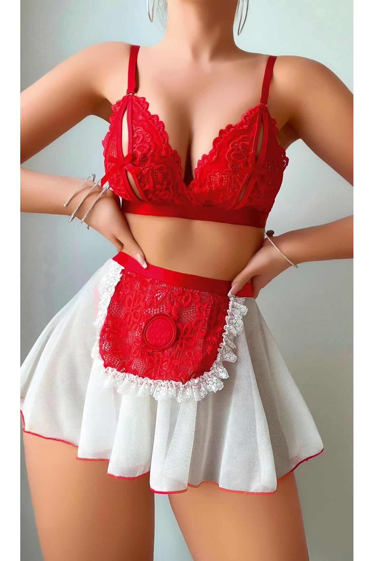 Kırmızı Puantiye Etekli Kadın Fantezi Kostüm 2072