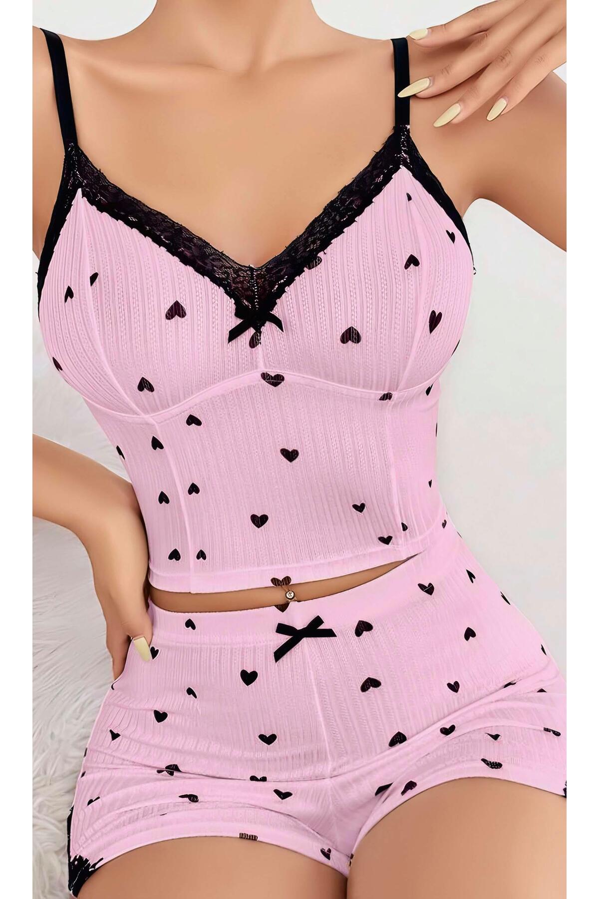 Eterella Kadın Pembe Kalp Desenli Askılı Şortlu Pijama Takım