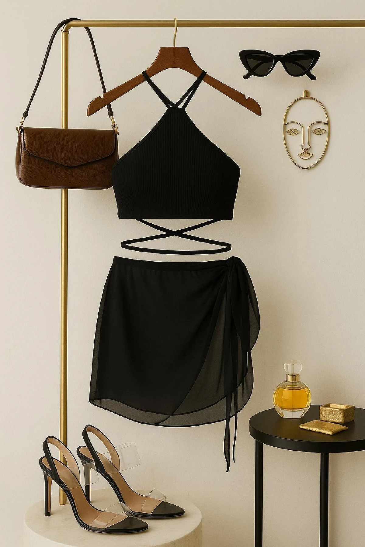 Kadın Siyah Çapraz Bağlamalı Crop ve Pareo 2'li Set – Modern ve Şık Tasarım