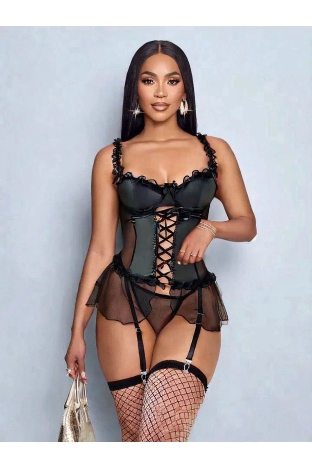 eyesof Kadın Çoraplı Lame Deri Fantezi Kostüm Elbise Seksi Gece Fantezi Kostüm 9002
