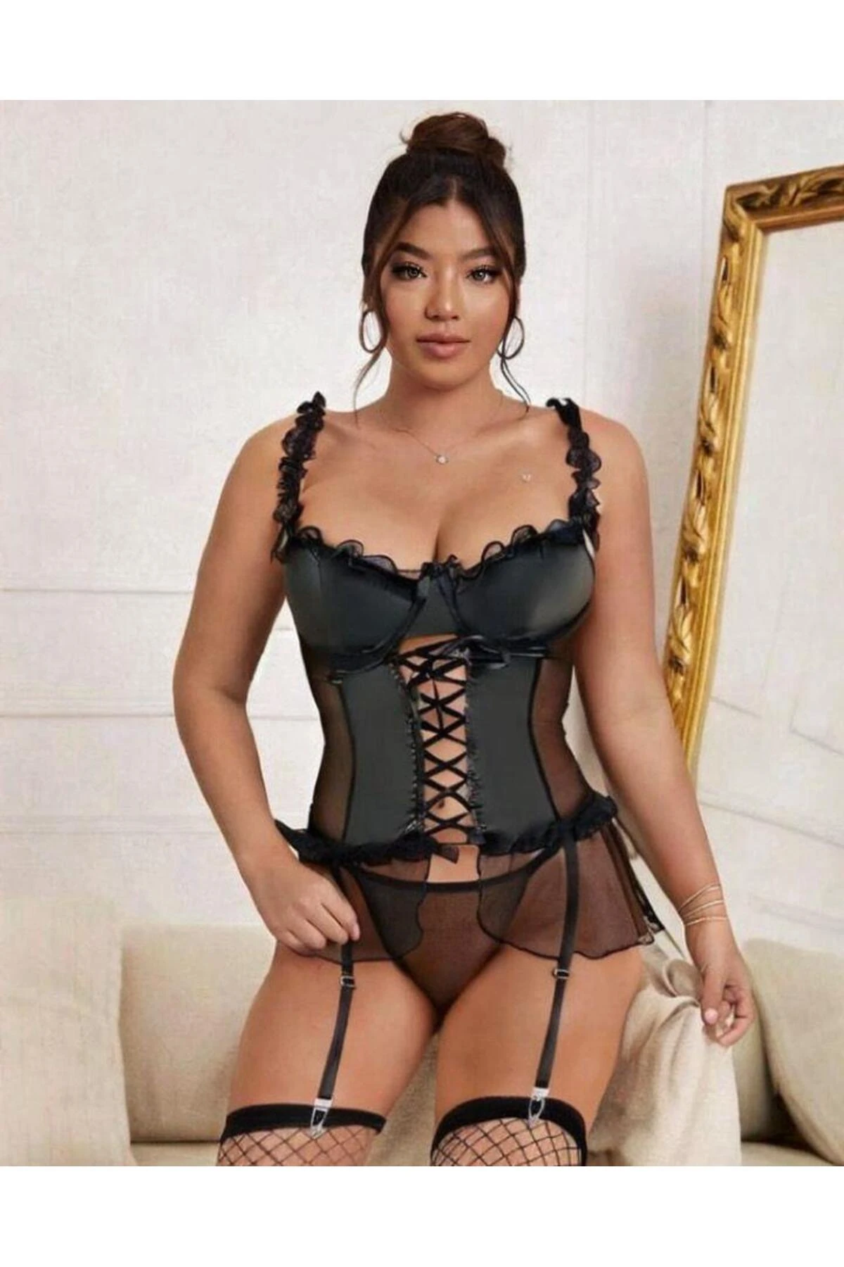 eyesof Kadın Çoraplı Lame Deri Fantezi Kostüm Elbise Seksi Gece Fantezi Kostüm 9002