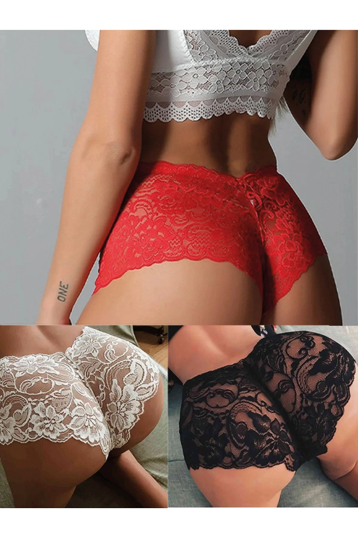 Kadın Siyah Beyaz Kırmızı 3'lü Paket Dantel Tanga Şort Külot