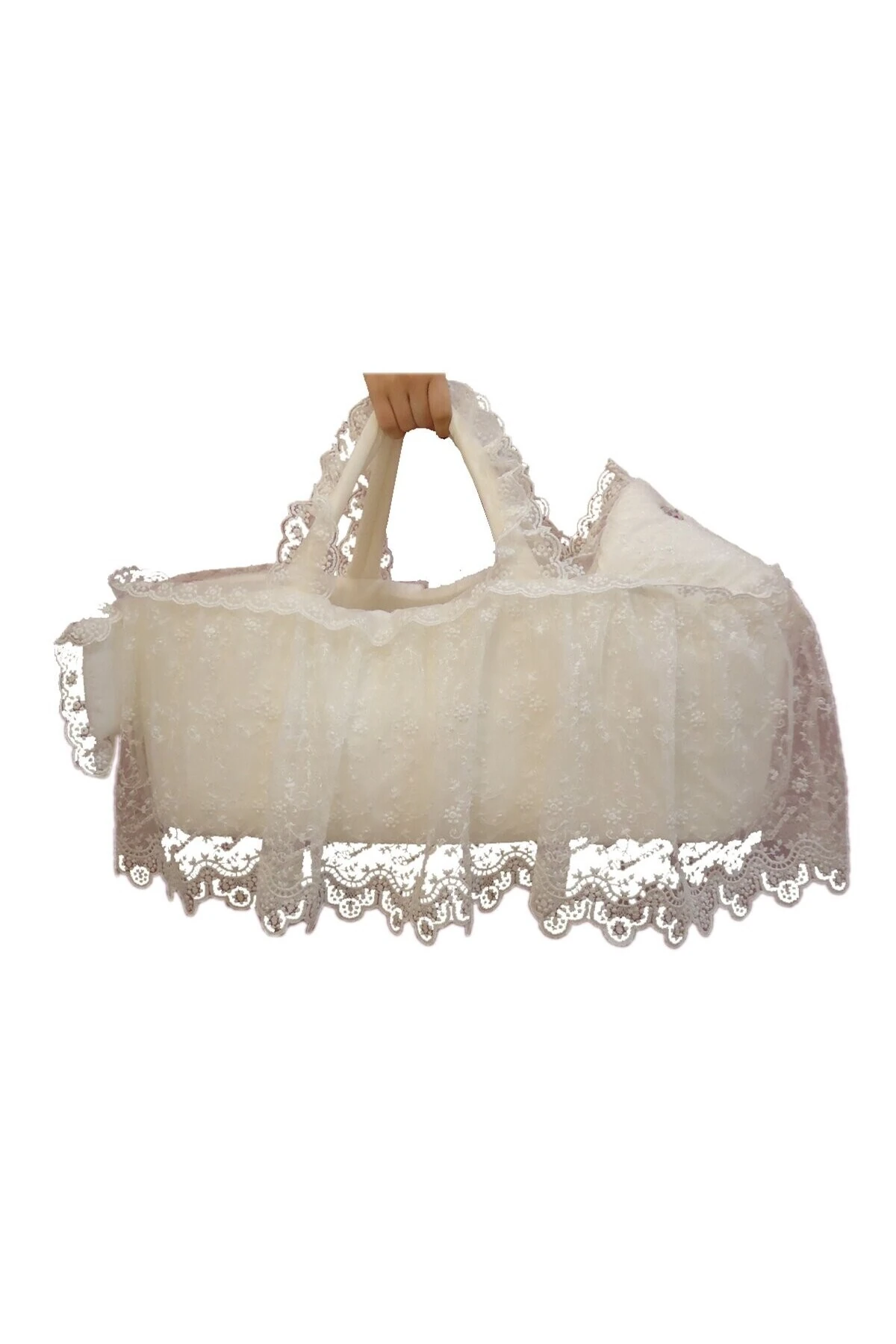 Fistolu Güpürlü Lüks Yenidoğan Bebek Yatağı - Ekru